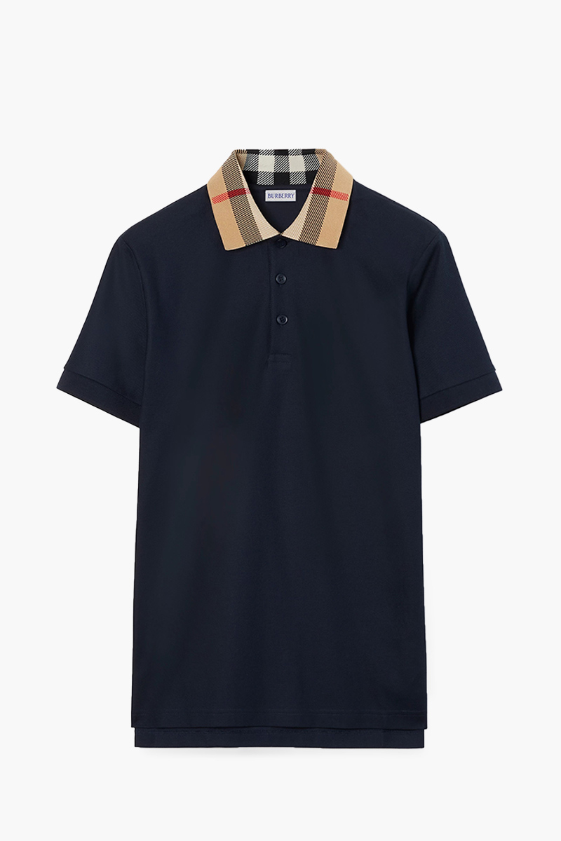 BURBERRY Men Checked Collar Polo Shirt in Smoked Navy Cotton 0