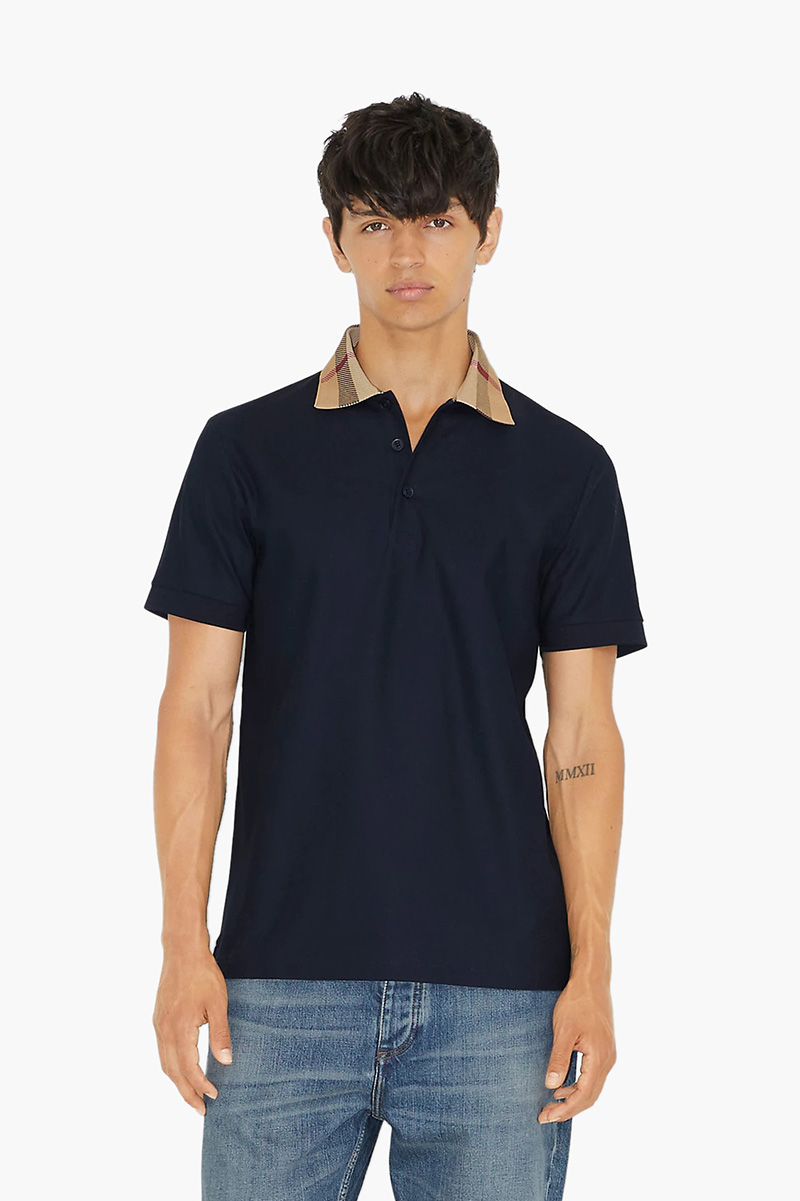 BURBERRY Men Checked Collar Polo Shirt in Smoked Navy Cotton 1