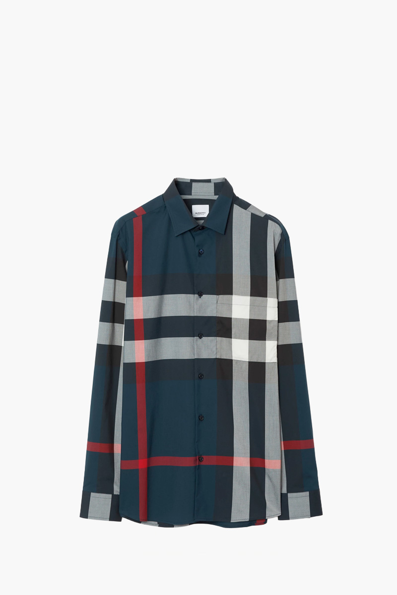 BURBERRY Men Check Slim Fit Long-Sleeved Shirt in Navy Cotton 0
