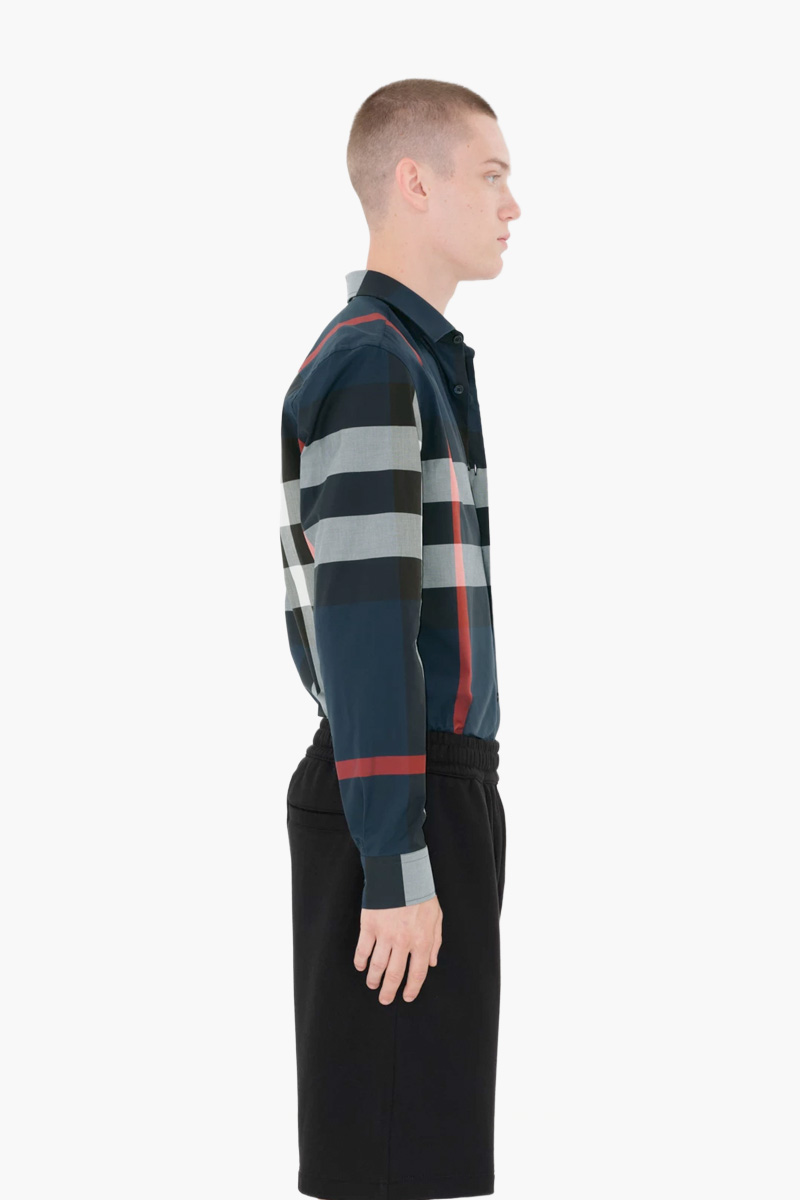 BURBERRY Men Check Slim Fit Long-Sleeved Shirt in Navy Cotton 2
