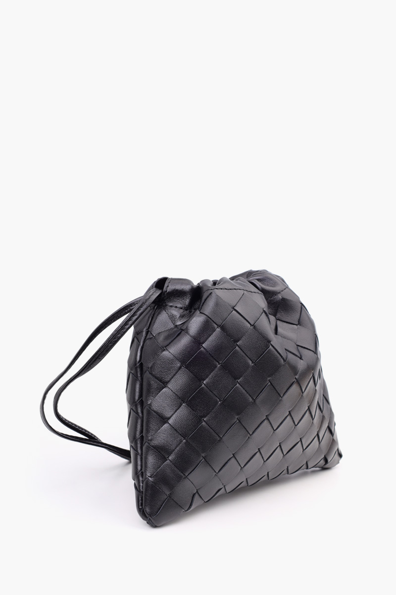 BOTTEGA VENETA Small Intrecciato Dustbag Drawstring Bag in Black Calfskin Leather 1