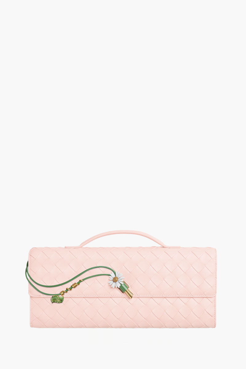BOTTEGA VENETA Andiamo Enamelled Daisy Flower Closure Intrecciato Long Clutch in Seashell with Handle  0