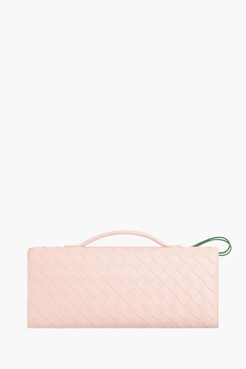 BOTTEGA VENETA Andiamo Enamelled Daisy Flower Closure Intrecciato Long Clutch in Seashell with Handle  1