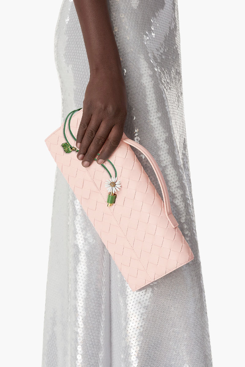 BOTTEGA VENETA Andiamo Enamelled Daisy Flower Closure Intrecciato Long Clutch in Seashell with Handle  2