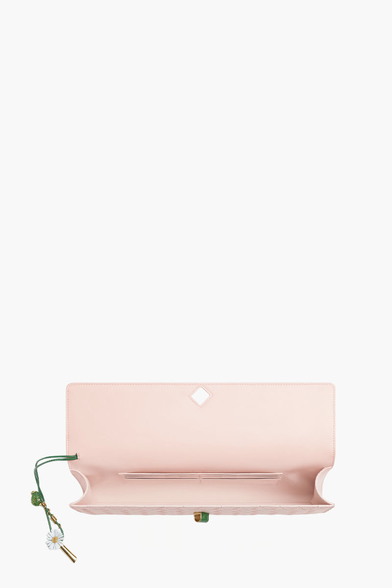BOTTEGA VENETA Andiamo Enamelled Daisy Flower Closure Intrecciato Long Clutch in Seashell with Handle  3