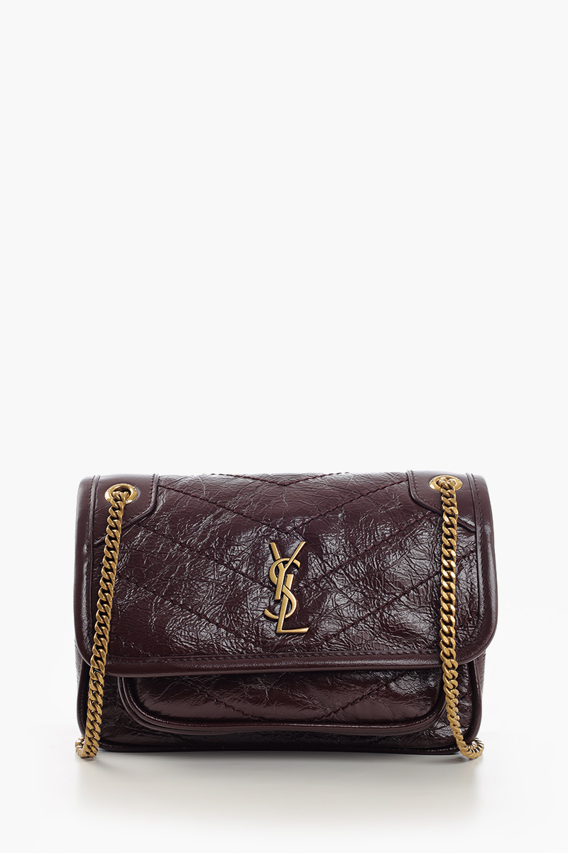 SAINT LAURENT Mini Niki Shoulder Bag in Burgundy Vintage Cringkled Leather Bronze Hardware 0