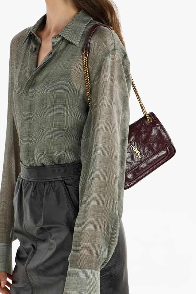 SAINT LAURENT Mini Niki Shoulder Bag in Burgundy Vintage Cringkled Leather Bronze Hardware 3