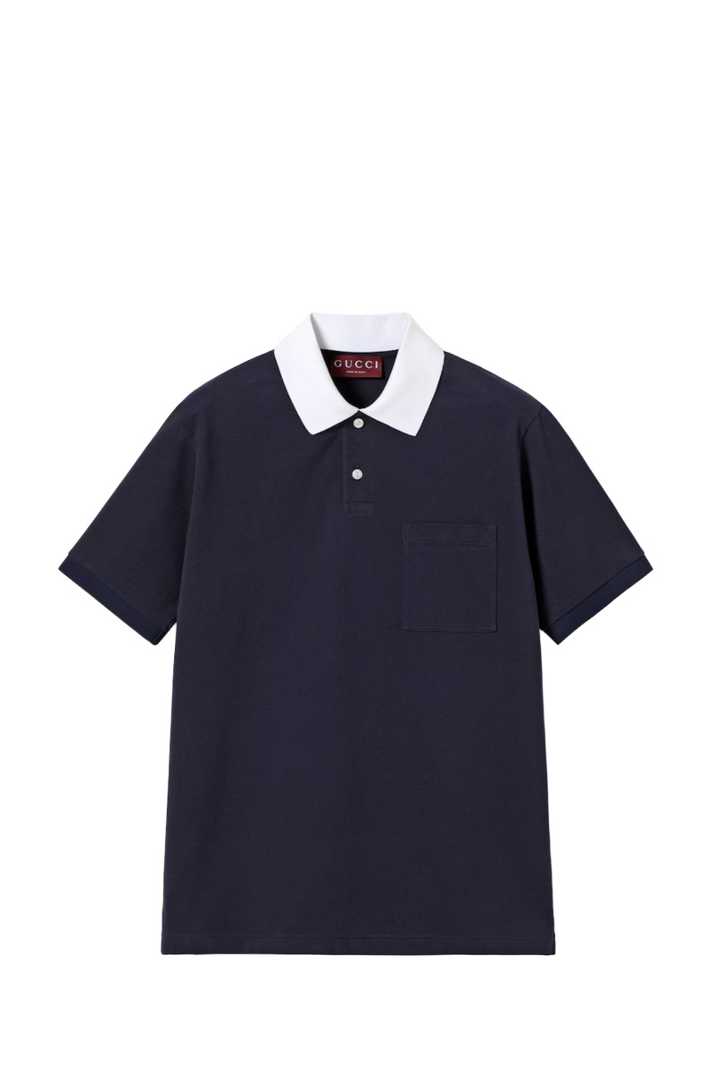GUCCI Men Stretch Polo Shirt in  Blue Cotton Pique with Web Trim on Internal Pocket 0