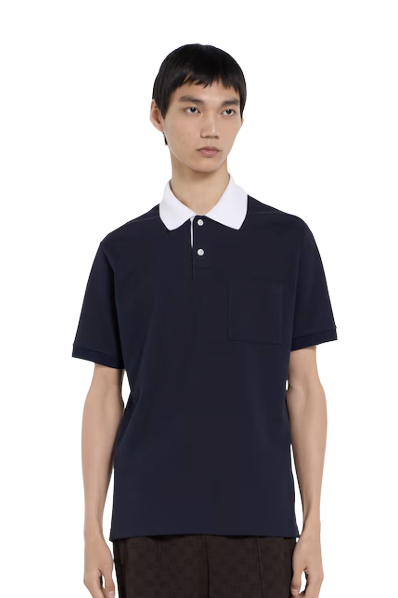 GUCCI Men Stretch Polo Shirt in  Blue Cotton Pique with Web Trim on Internal Pocket 1