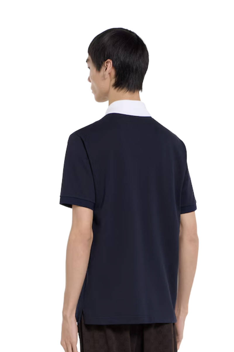 GUCCI Men Stretch Polo Shirt in  Blue Cotton Pique with Web Trim on Internal Pocket 2