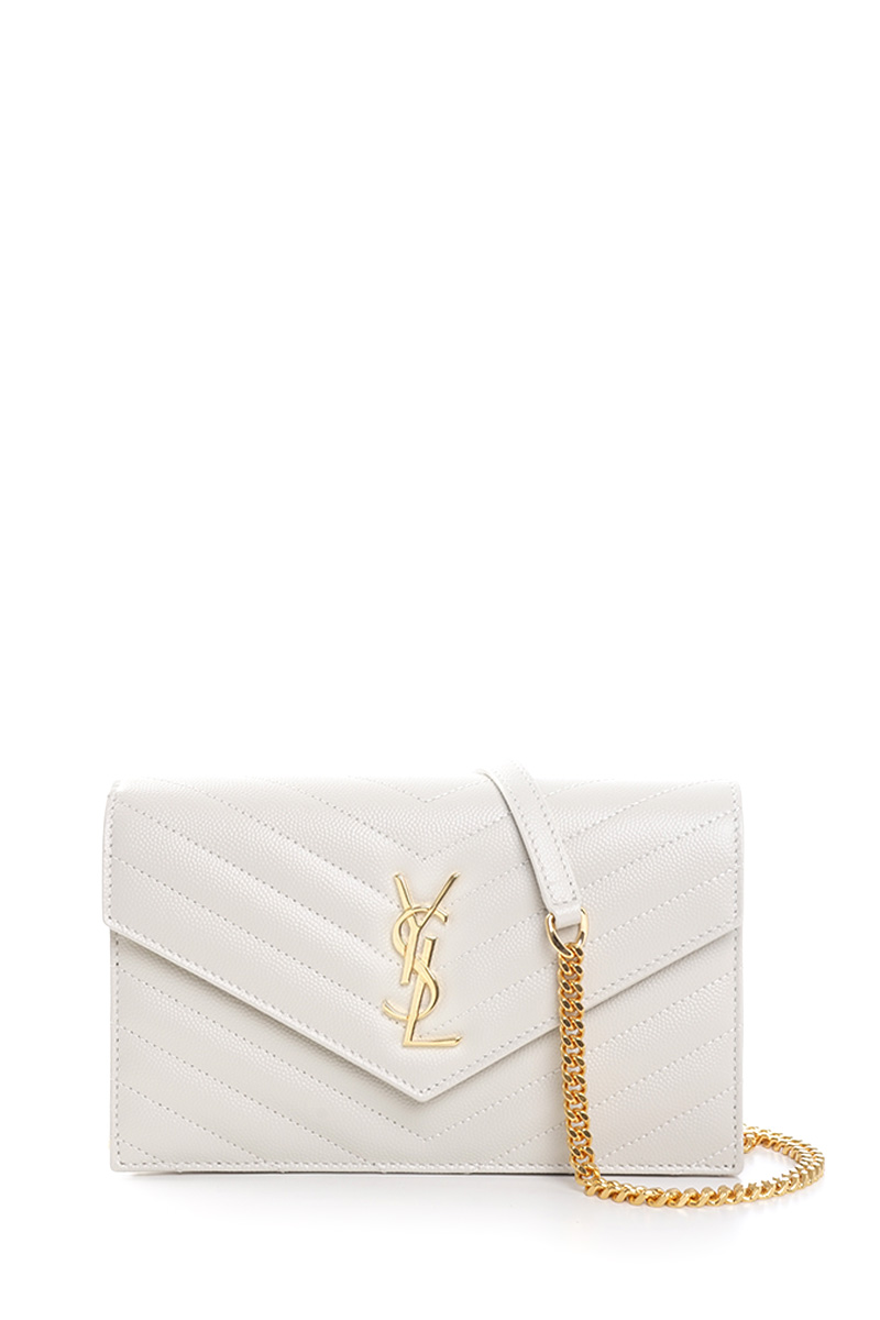 SAINT LAURENT Cassandre Envelope Wallet On Chain 19cm in White Caviar Leather GHW 0