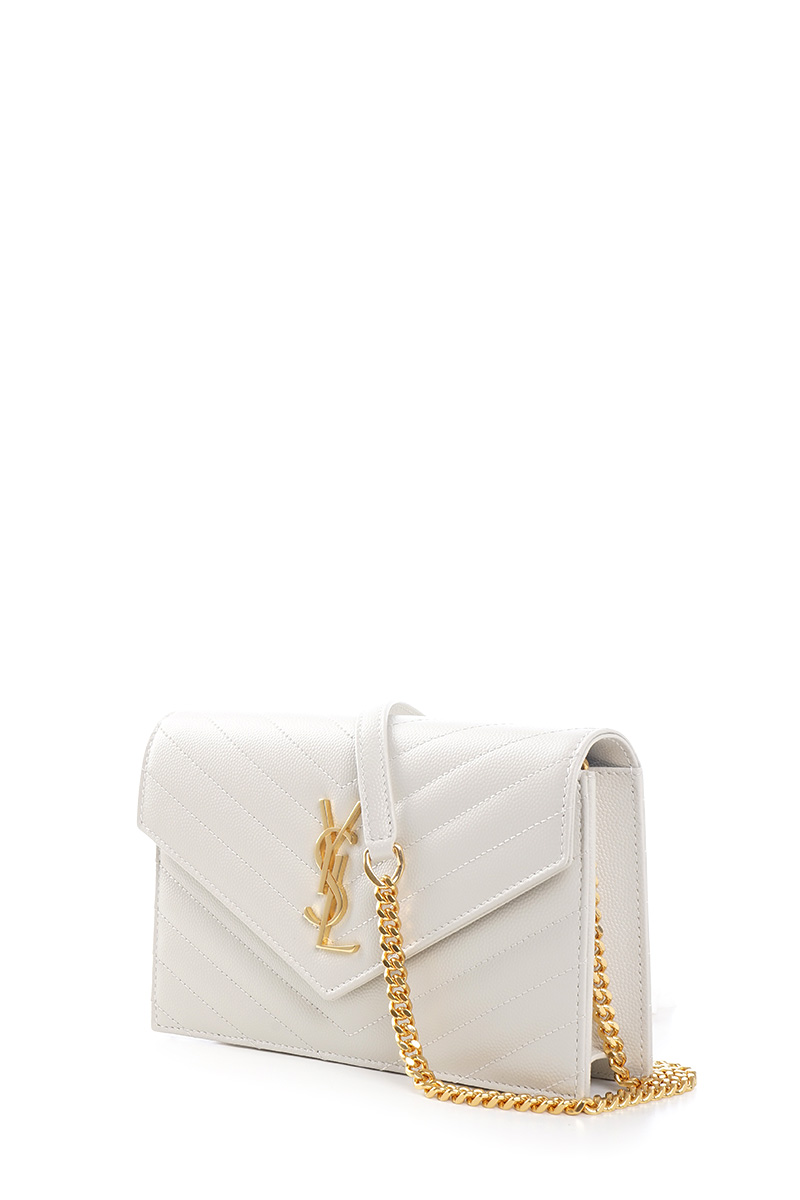 SAINT LAURENT Cassandre Envelope Wallet On Chain 19cm in White Caviar Leather GHW 1