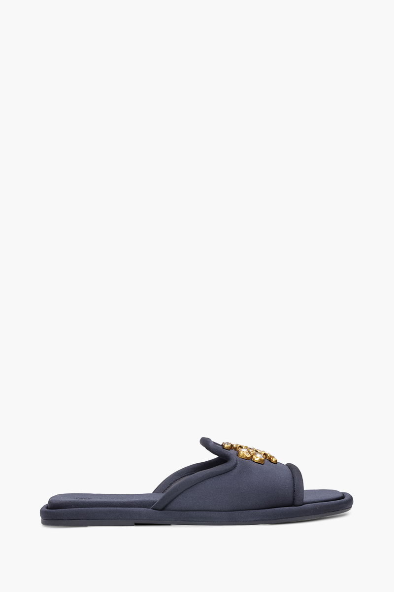 TORY BURCH Jeweled Slides in Perfect Navy Satin 0