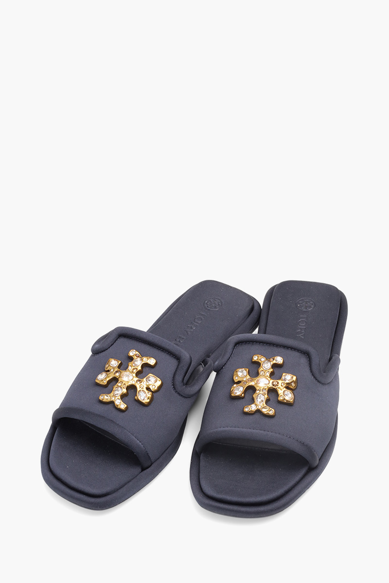 TORY BURCH Jeweled Slides in Perfect Navy Satin 1