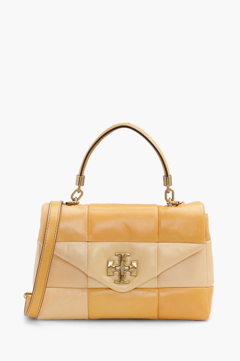 TORY BURCH Small Kira Patchwork Top Handle Satchel Bag in Golden Straw Mix 0