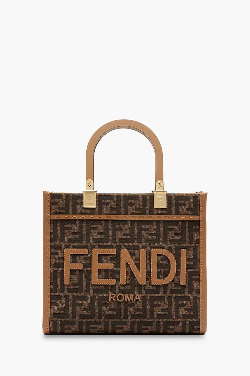 FENDI Small Sunshine Fendi Roma Shopper Bag in Brown/Sand Fabric with Jacquard FF Motif 0