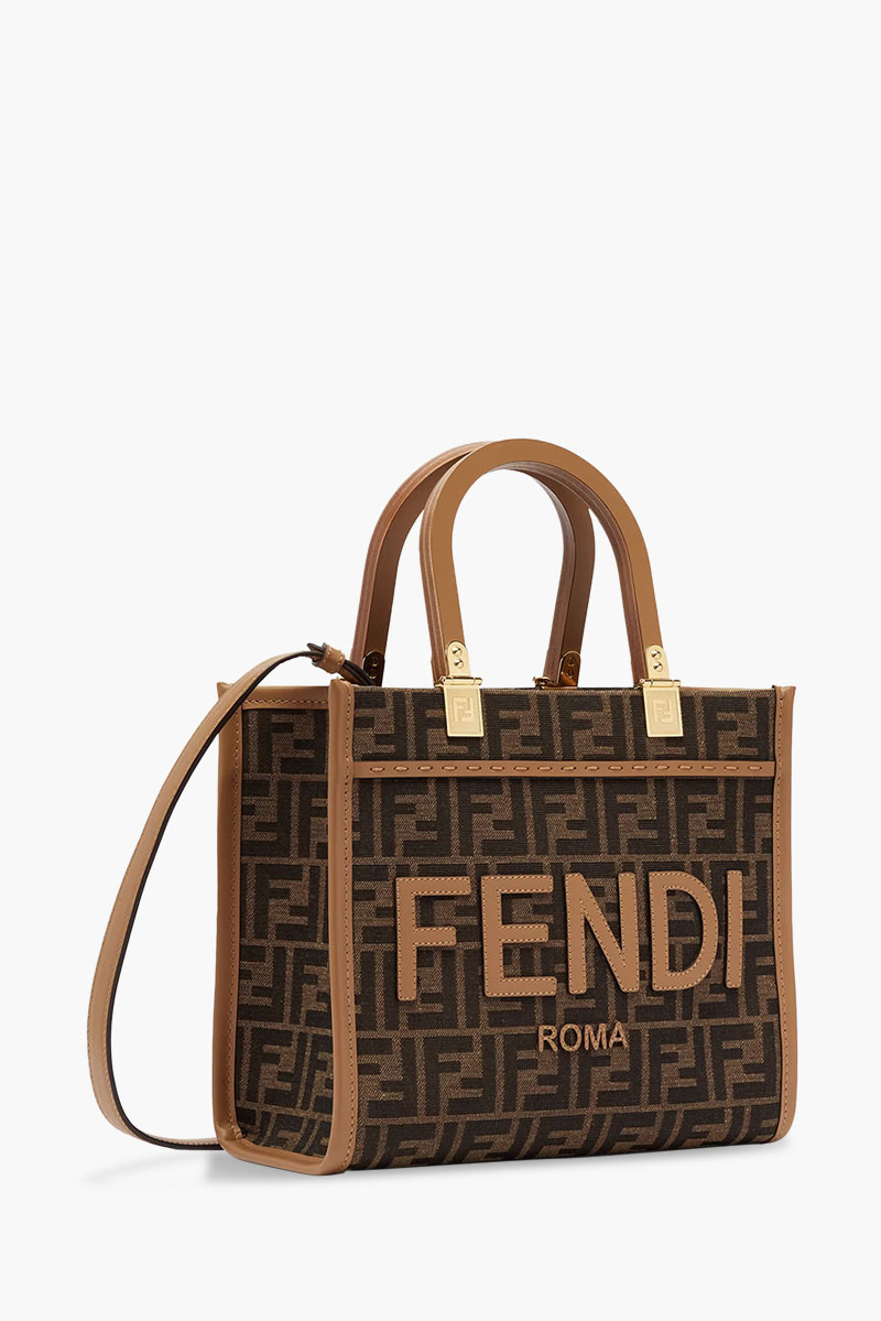 FENDI Small Sunshine Fendi Roma Shopper Bag in Brown/Sand Fabric with Jacquard FF Motif 2