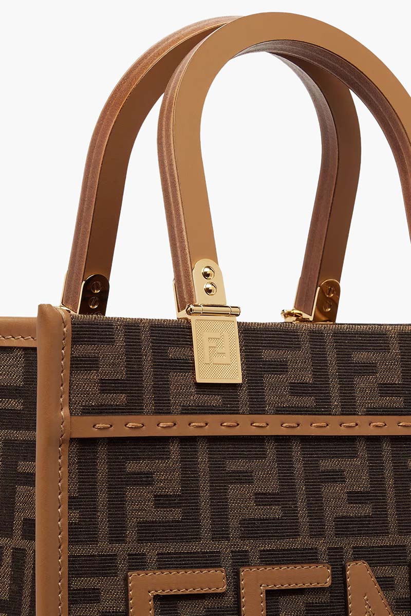 FENDI Small Sunshine Fendi Roma Shopper Bag in Brown/Sand Fabric with Jacquard FF Motif 4