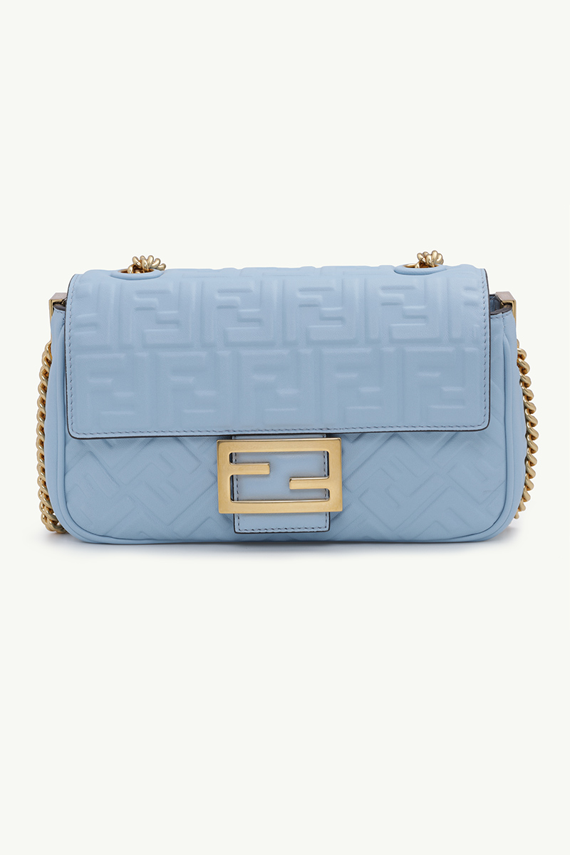 FENDI Small Midi Baguette Chain Shoulder Bag in Gnawed Blue Nappa Leather with 3D FF Motif 0
