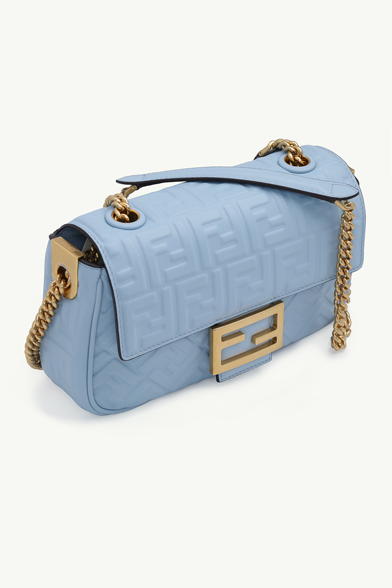 FENDI Small Midi Baguette Chain Shoulder Bag in Gnawed Blue Nappa Leather with 3D FF Motif 2