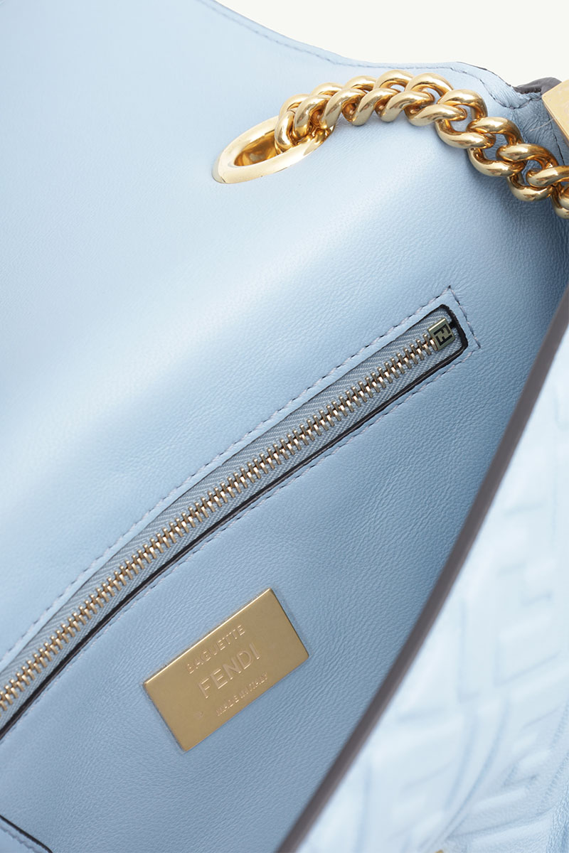 FENDI Small Midi Baguette Chain Shoulder Bag in Gnawed Blue Nappa Leather with 3D FF Motif 3