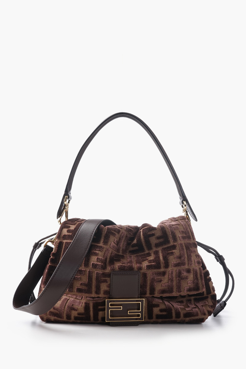 FENDI Medium Mamma Baguette Jacquard FF Velvet Shoulder Bag in Brown Viscose 0