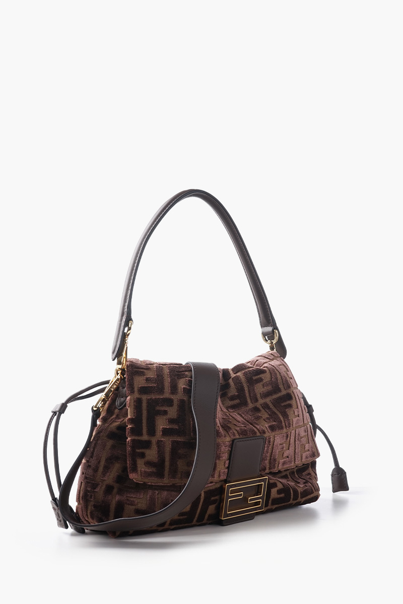 FENDI Medium Mamma Baguette Jacquard FF Velvet Shoulder Bag in Brown Viscose 1
