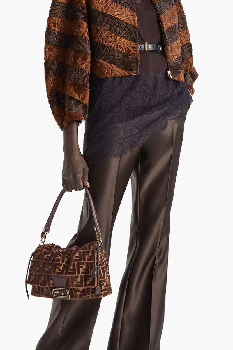 FENDI Medium Mamma Baguette Jacquard FF Velvet Shoulder Bag in Brown Viscose 3