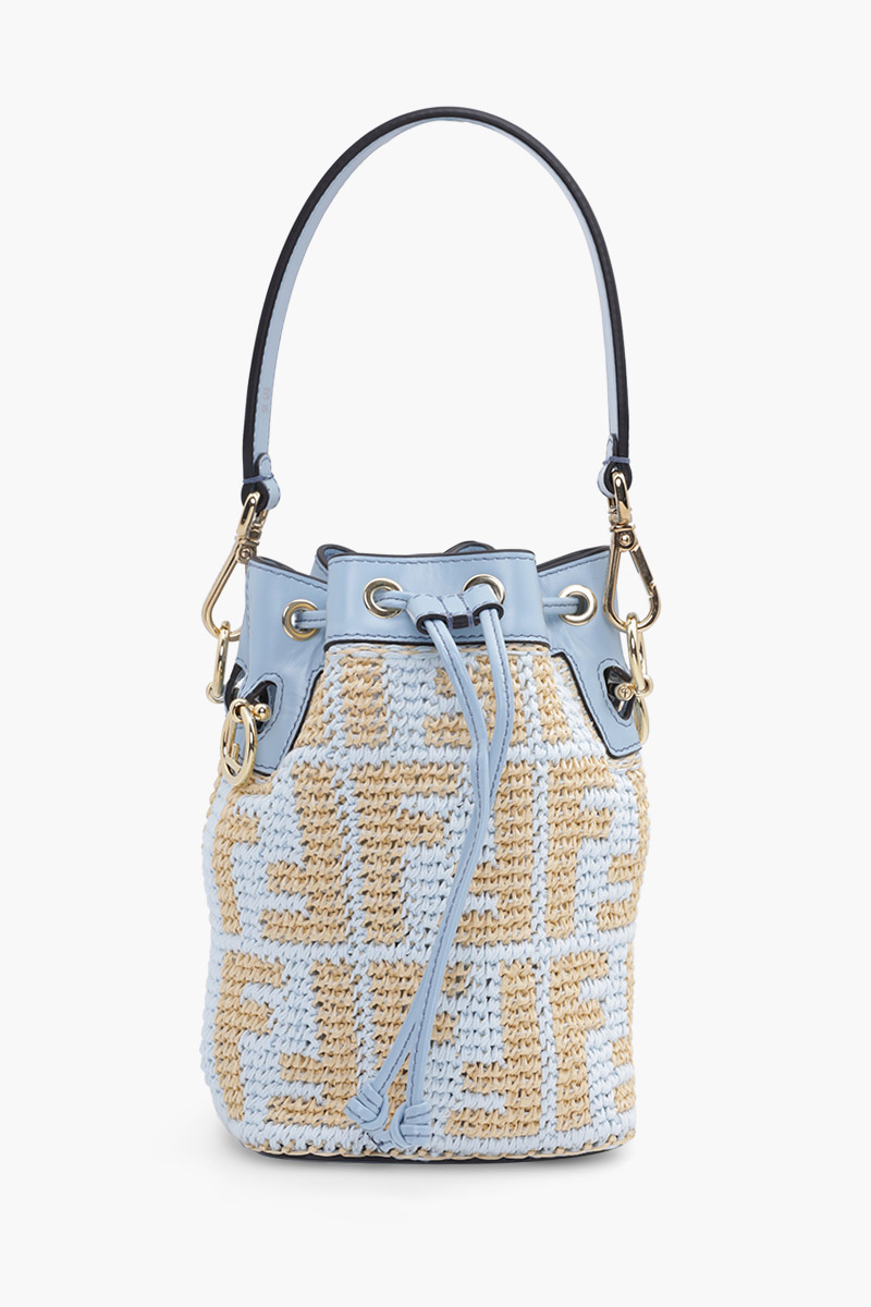 FENDI Mini Mon Tresor in Beige/Blue Raffia All Over FF Logo Pattern 0