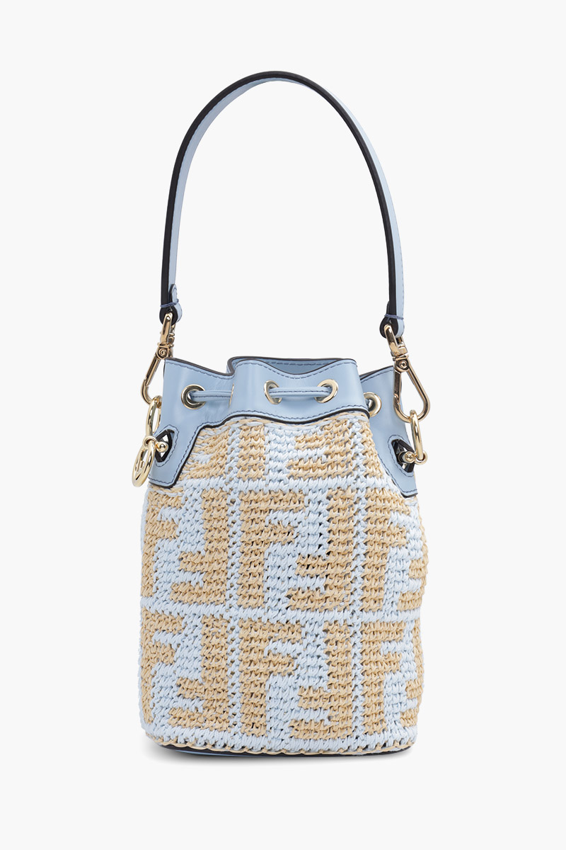 FENDI Mini Mon Tresor in Beige/Blue Raffia All Over FF Logo Pattern 1