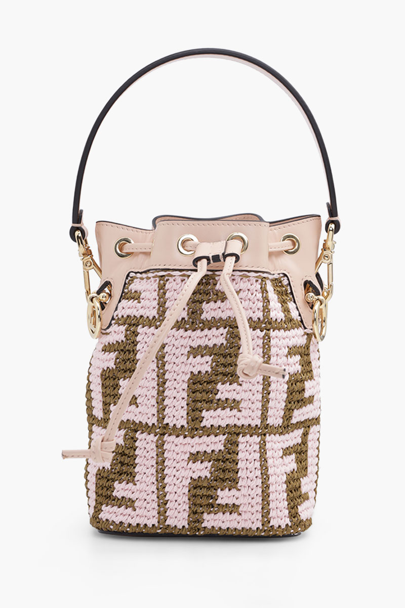 FENDI Mini Mon Tresor in Pink/Brown Raffia All Over FF Logo Pattern 0