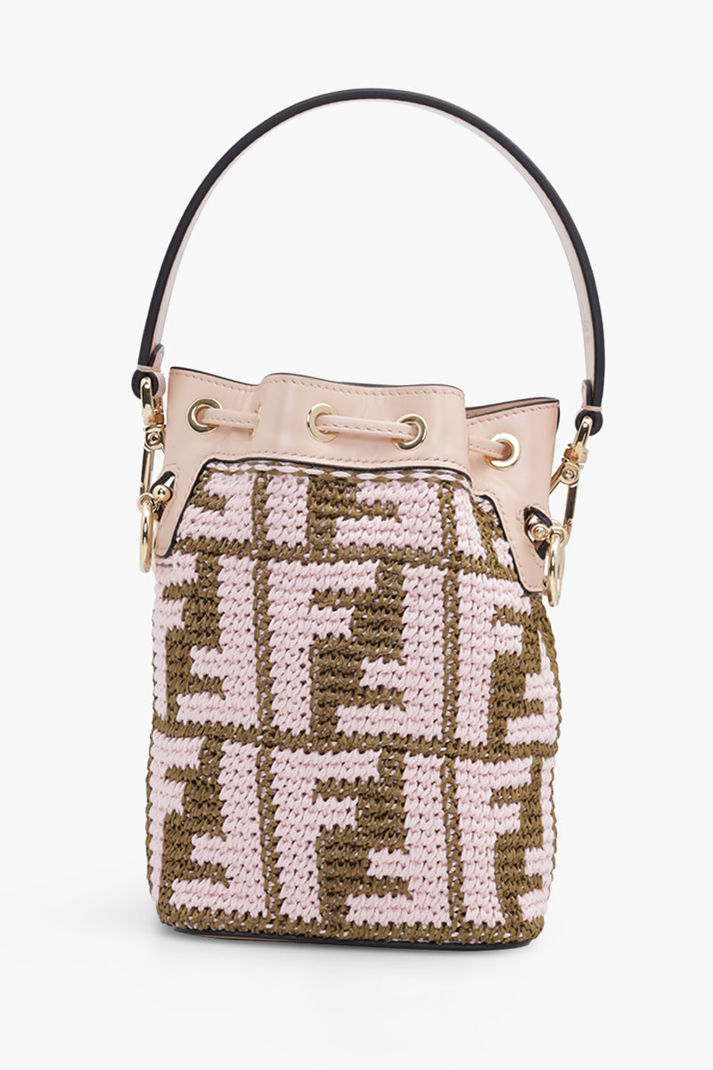 FENDI Mini Mon Tresor in Pink/Brown Raffia All Over FF Logo Pattern 1