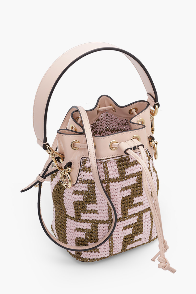 FENDI Mini Mon Tresor in Pink/Brown Raffia All Over FF Logo Pattern 2