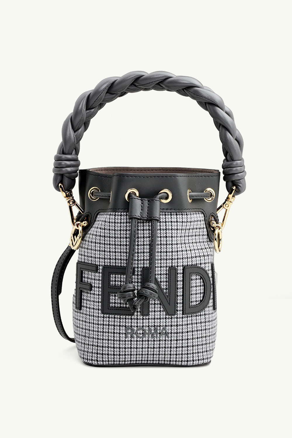 FENDI Mini Mon Tresor Bucket Bag in Grey Houndstooth Wool with Fendi Roma 0