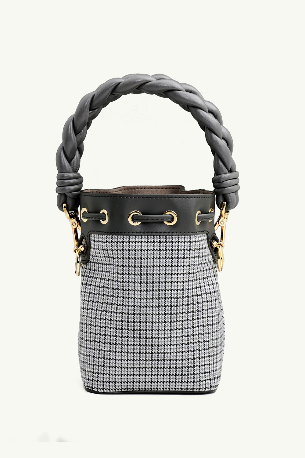 FENDI Mini Mon Tresor Bucket Bag in Grey Houndstooth Wool with Fendi Roma 1