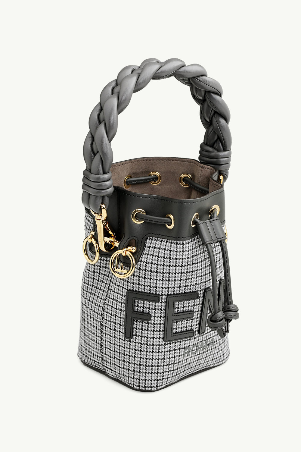 FENDI Mini Mon Tresor Bucket Bag in Grey Houndstooth Wool with Fendi Roma 2