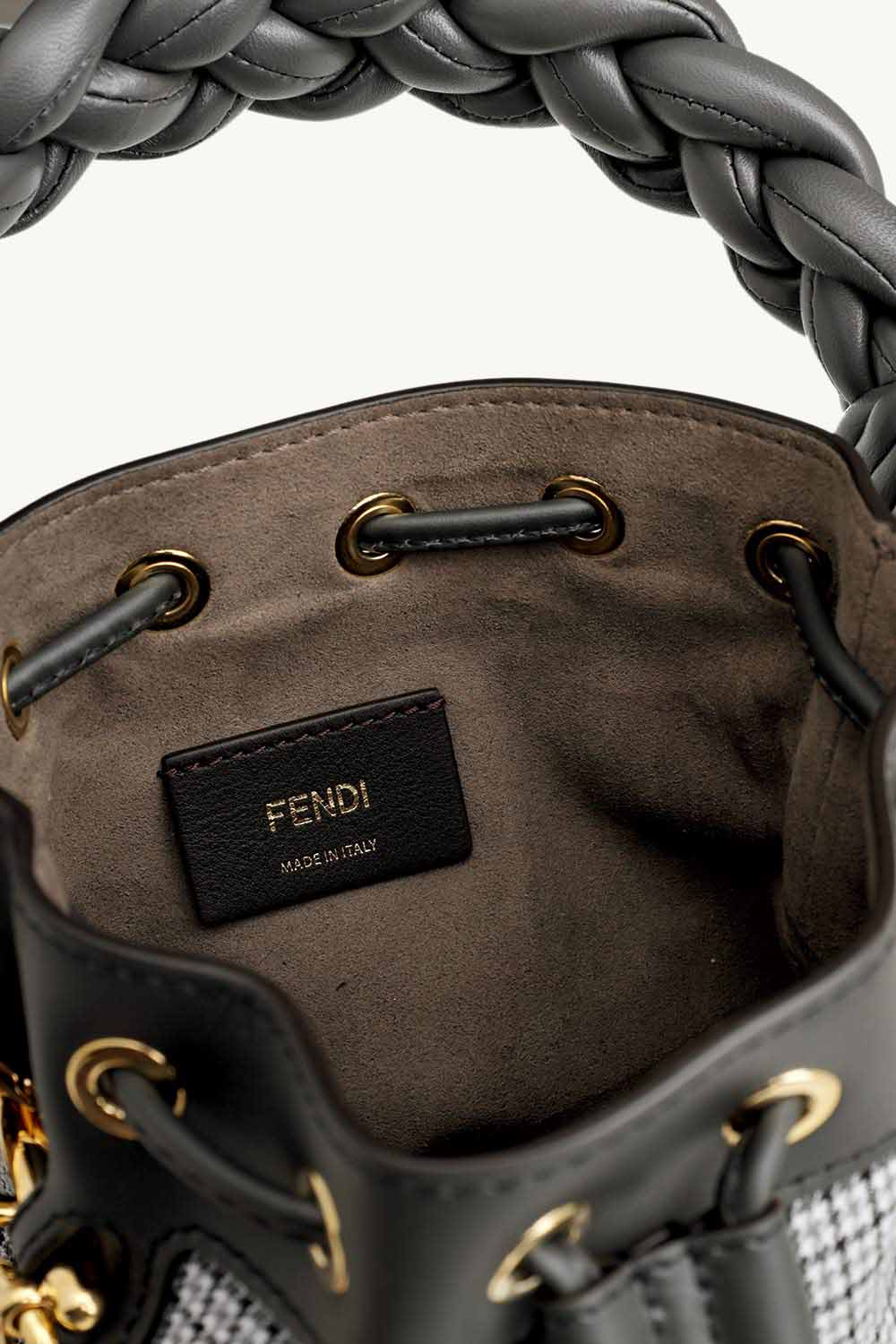 FENDI Mini Mon Tresor Bucket Bag in Grey Houndstooth Wool with Fendi Roma 3