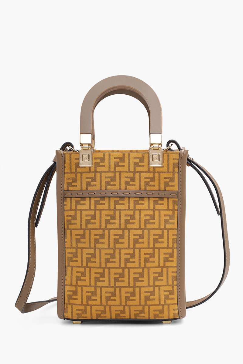 FENDI Mini All Over FF Logo Sunshine Shopper Bag in Yellow/Sand Suede x Leather with Wood Handle 0