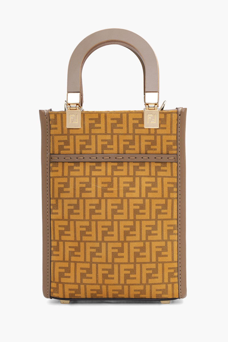 FENDI Mini All Over FF Logo Sunshine Shopper Bag in Yellow/Sand Suede x Leather with Wood Handle 1