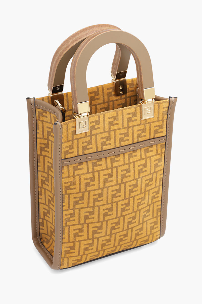 FENDI Mini All Over FF Logo Sunshine Shopper Bag in Yellow/Sand Suede x Leather with Wood Handle 2