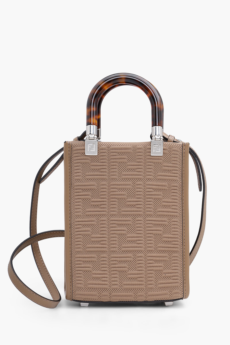 FENDI Mini All Over 3D Texture FF Logo Sunshine Shopper Bag in Sand Fabric x Leather with Tortoiseshell Hnadle 0