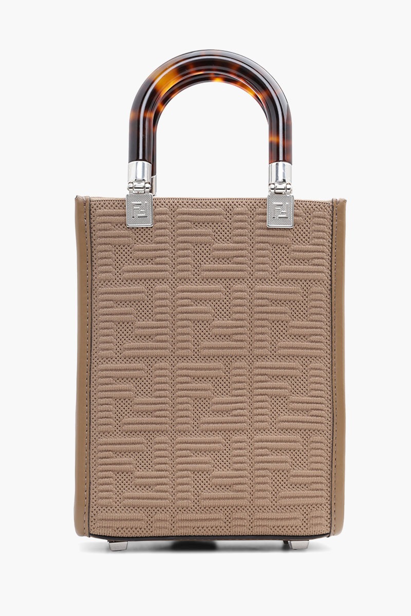 FENDI Mini All Over 3D Texture FF Logo Sunshine Shopper Bag in Sand Fabric x Leather with Tortoiseshell Hnadle 1