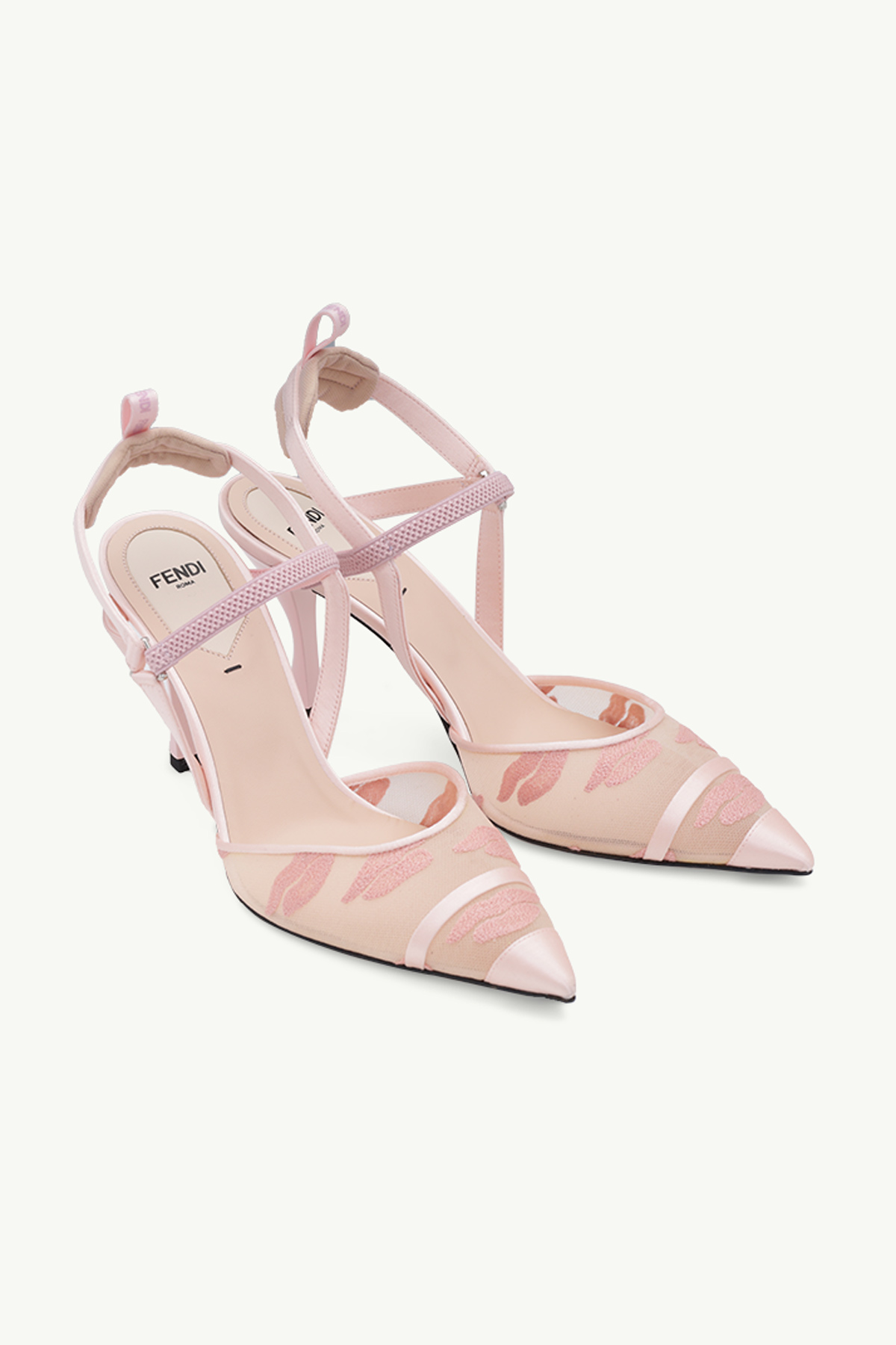 FENDI Women Colibri Lite Slingback Pumps 85mm in Pale Pink Micro Mesh x Satin with Tulle Embroidery 1