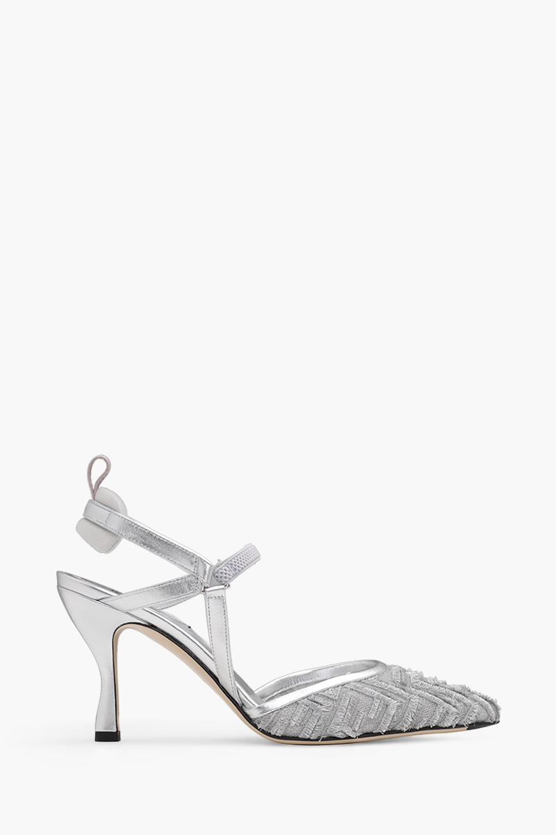 FENDI Women Colibri Lite Slingback Pumps 85mm in Silver Micro Mesh with Fringed FF Pattern 0