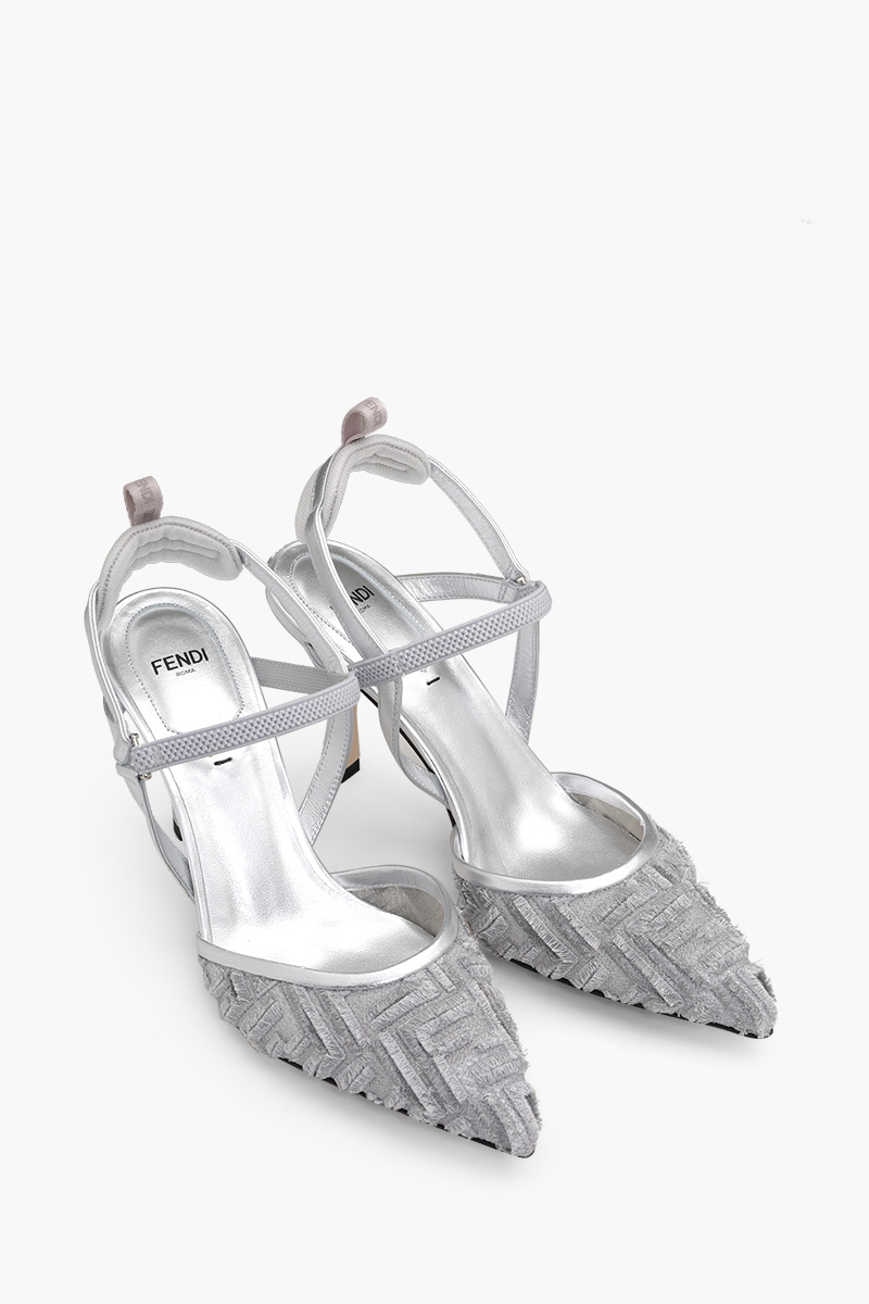 FENDI Women Colibri Lite Slingback Pumps 85mm in Silver Micro Mesh with Fringed FF Pattern 1