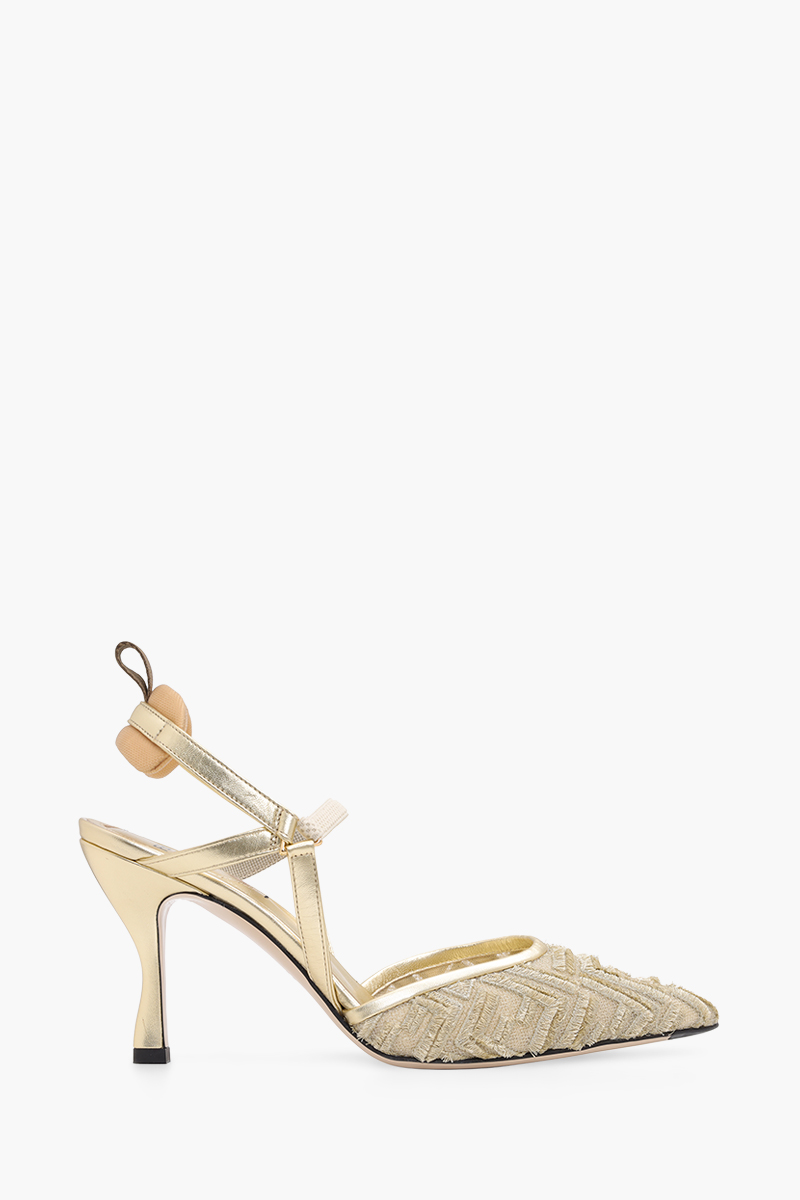 FENDI Women Colibri Lite Slingback Pumps 85mm in Gold Micro Mesh with Fringed FF Pattern 0