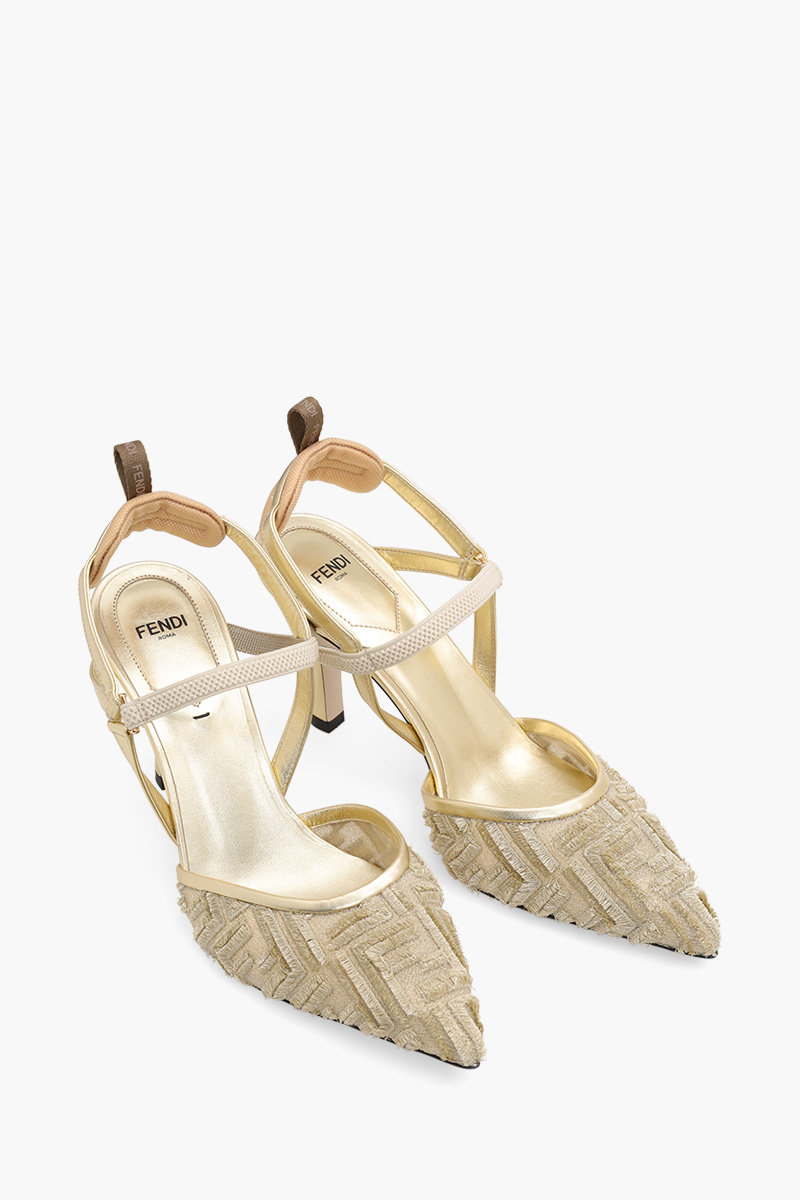 FENDI Women Colibri Lite Slingback Pumps 85mm in Gold Micro Mesh with Fringed FF Pattern 1