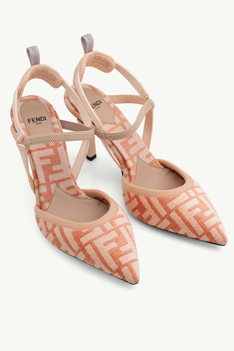 FENDI Women Colibri Lite Chenille Slingback Pumps 85mm in Orange/Pale Pink FF Logo Pattern 1