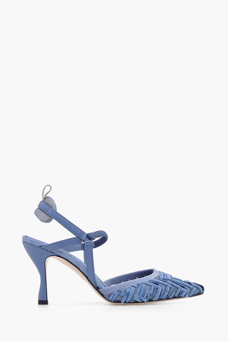 FENDI Women Colibri Lite Slingback Pumps 85mm in Blue Micro Mesh with Fringed FF Pattern 0