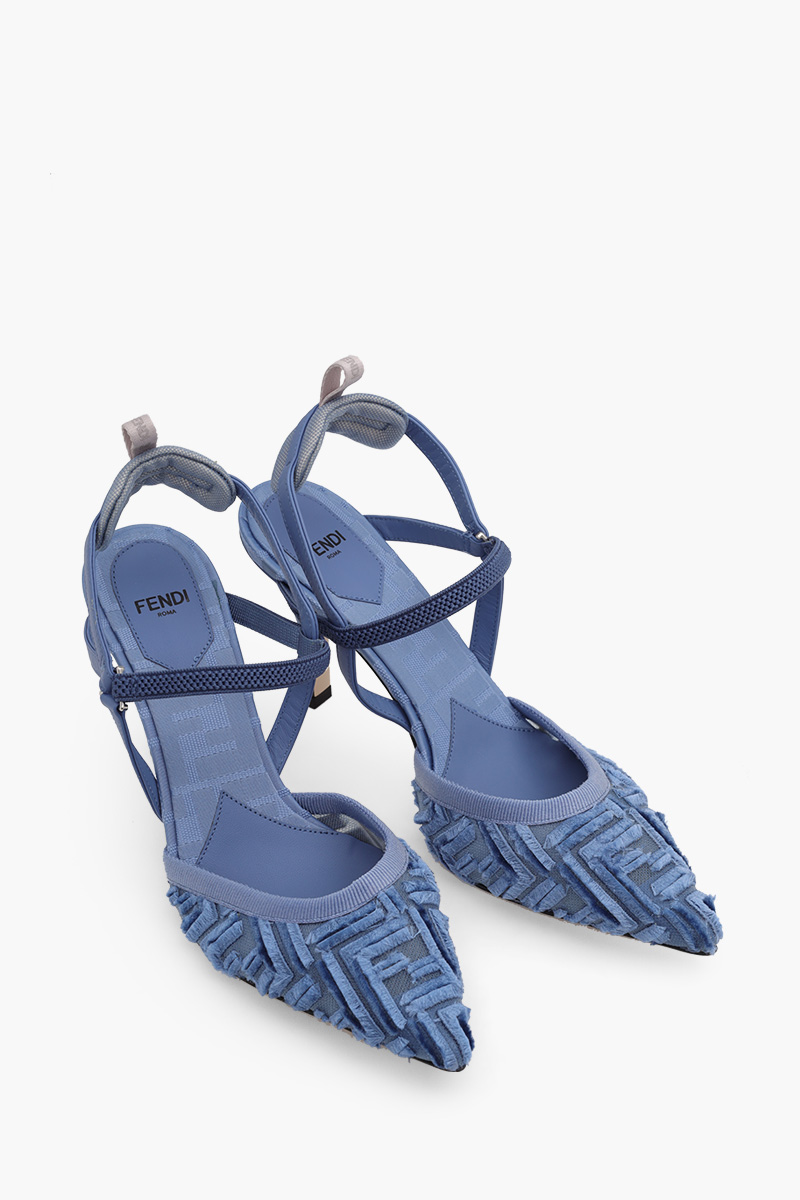 FENDI Women Colibri Lite Slingback Pumps 85mm in Blue Micro Mesh with Fringed FF Pattern 1